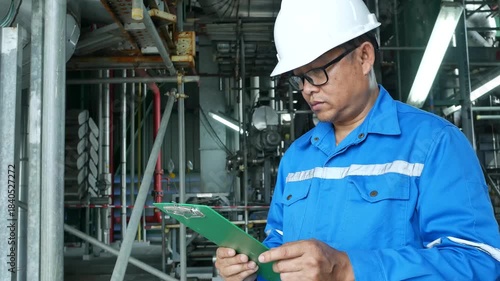 A focused shot of a male industrial worker wearing a blue hard hat, safety glasses, and high-visibility vest in a manufacturing or engineering environment. The background features complex industrial 