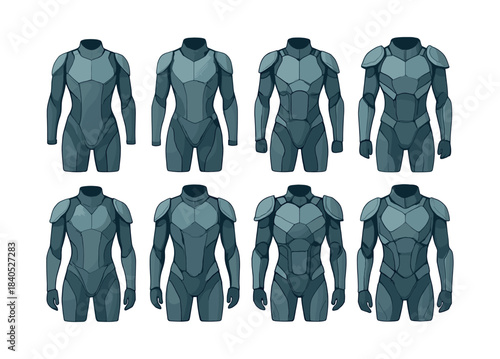 Futuristic armor set, flat vector illustration, sci-fi protective suits, variations