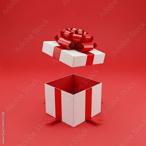 Open white gift box with red ribbon and bow on red background