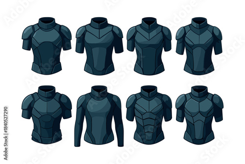 Armored suit collection, body armor designs, flat vector illustration