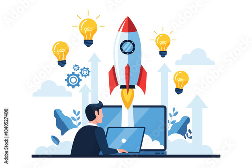 Startup Business Man Launching Rocket Project From Laptop Screen Concept