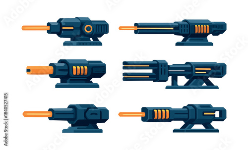 Futuristic sci-fi weapons, flat vector illustration of space guns and lasers