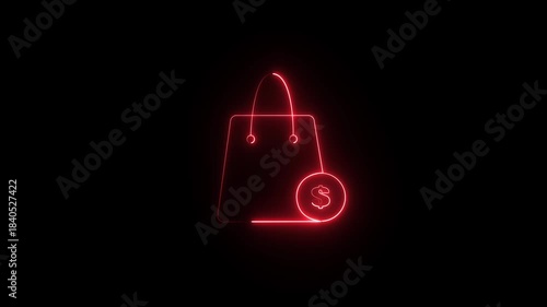 An icon of a shopping bag with a dollar sign, rendered in a glowing red neon line style. 
