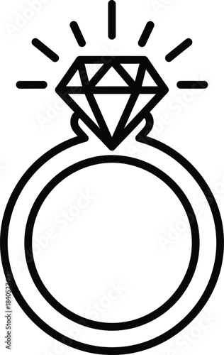 A minimalist black line-art illustration of a classic diamond engagement ring with sparkling facets in a clean vector style