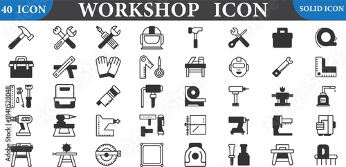 Collection of black and white workshop tool icons for design and illustration