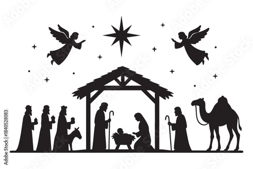 Black silhouette of nativity scene with angels and star, isolated on white background. concept of christmas, religious icon, manger scene, festive decor, traditional holiday artwork