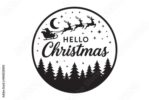 Black and white christmas illustration featuring santa and reindeer flying over forest with moon and stars. concept of holiday, festive decor, winter celebration, seasonal greeting gard