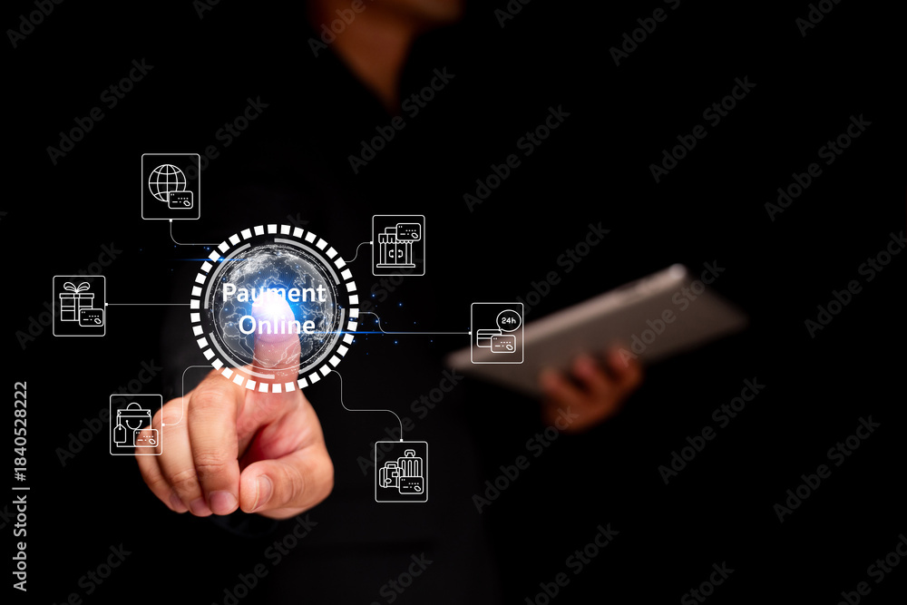 Obraz premium A hand touching a digital interface displaying online payment options, symbolizing modern financial transactions and technology.