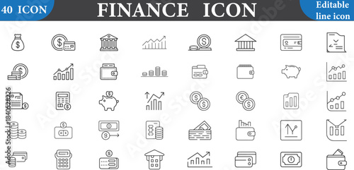 Collection of finance and business related line icons for various financial concepts