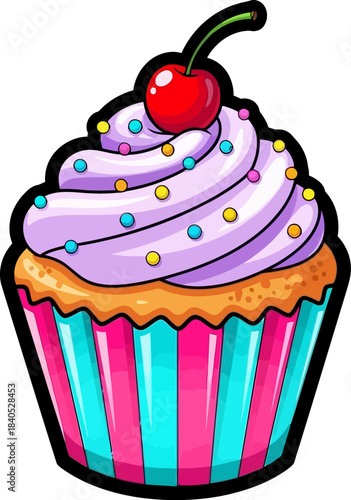 Colorful Cupcake with Cherry Topping and Sprinkles Illustration.
