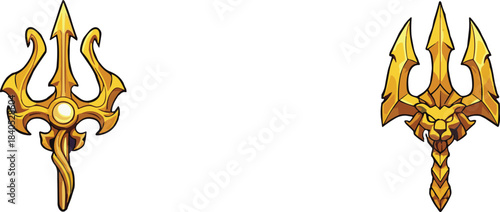 Golden fantasy trident pair featuring ornate mythical weapon designs with decorative blades, heroic detailing, and powerful magical themes for creative illustration projects.