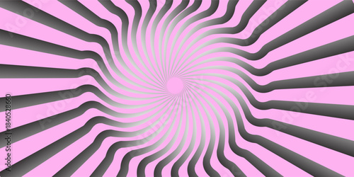 Optical illusion background. Red and pink abstract distorted wavy lines surface. Radial waves poster design. Trippy sunburst illusion wallpaper. Vector spinning hypnotic illustration