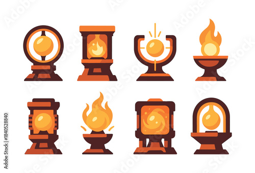 Fire and light icons, flame lanterns, flat vector illustration