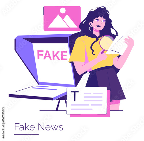 Woman Analyzing News for Authenticity Vector Illustration