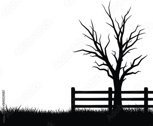 A minimalist black silhouette of a gnarled dead tree behind a rustic wooden fence with textured grass creating a stark desolate scene