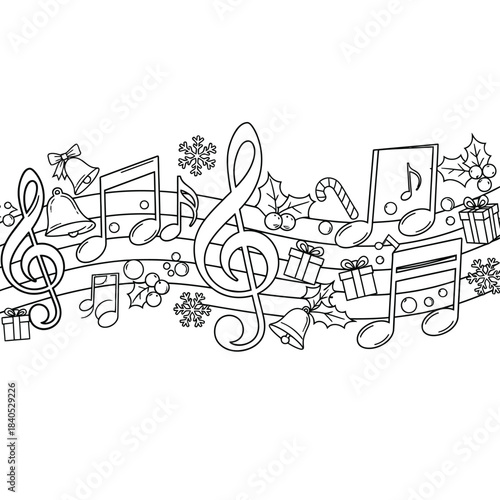 Festive Christmas Music Notes Coloring Page – Holiday Bells, Gifts, Candy Canes, Holly & Snowflakes on a Musical Staff for Kids and Adults
