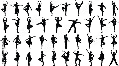 Mega vector collection of black silhouettes displaying various ballet, modern dance, acrobatic, and yoga poses, perfect for choreography, fitness, artistic expression, 