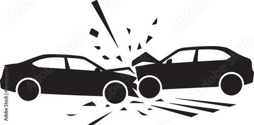 Two Black Car Silhouettes Colliding With Debris On White Background car crash accident