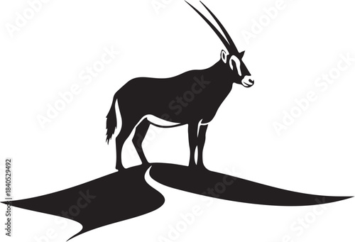 Arabian oryx standing on minimal desert dune silhouette, clean flat vector, white background, Qatar Victory Day symbolic wildlife design