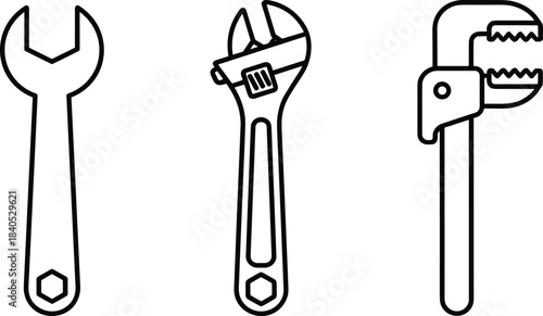 Set of outline wrench tools including open-end wrench, adjustable spanner, and pipe wrench in clean black line art for technical illustrations.