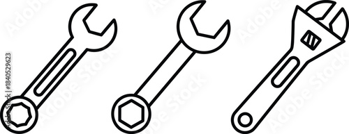 Set of outline wrenches including open-end wrench, combination wrench, and adjustable spanner in clean black line art for mechanical illustrations.