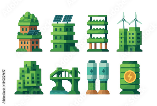 Sustainable architecture, eco buildings, flat vector illustration with green energy
