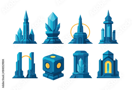 Fantasy fortress designs, castles, towers, gateways, flat vector illustration