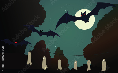 A night spooky  with ghosts and flying bats. Vector stock