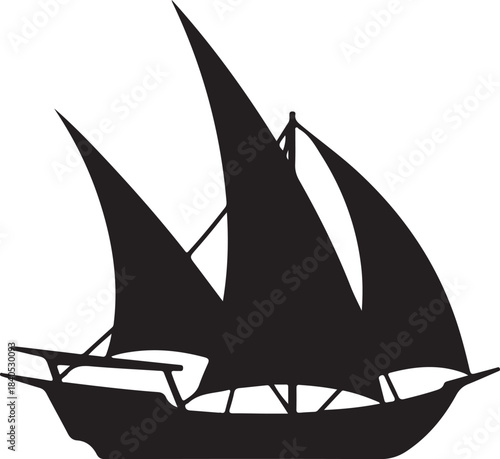 Silhouette of traditional Qatari dhow boat with simple sails, clean minimal vector, white background, heritage-themed Qatar Victory Day design