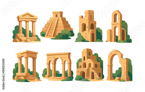Ancient ruins, temples, arches, and fortresses, flat vector illustration