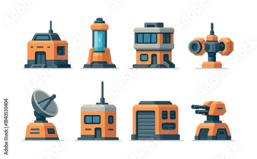 Space station buildings, outpost structures, flat vector illustration with technology