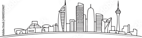 Minimal curved Qatar Corniche line-art skyline, flat vector, clean outline, white background, modern Doha waterfront design