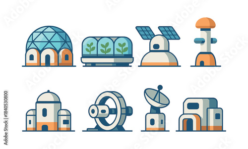 Futuristic colony buildings, solar, geodesic domes, flat vector illustration