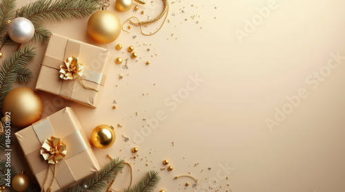 Luxury Holiday Decor Featuring Gifts And Ornaments On A Neutral Background.