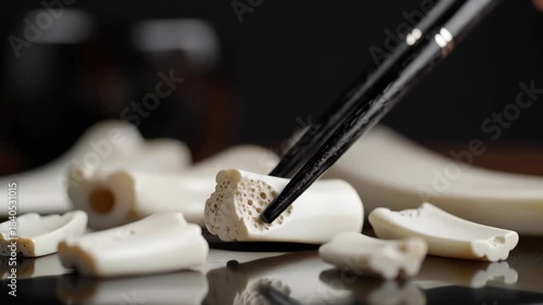 Chopsticks gently pick up and handle small bone fragments, symbolizing remembrance and a solemn ritual. This imagery is suitable for a funeral video.