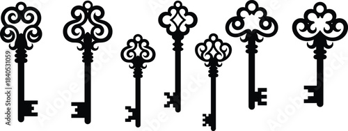 Set of ornate vintage skeleton key silhouettes featuring decorative antique designs, elegant scroll details, and classic retro lock elements for creative projects.