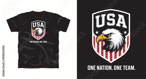 USA one nation one team t-shirt design with bald eagle head shield emblem