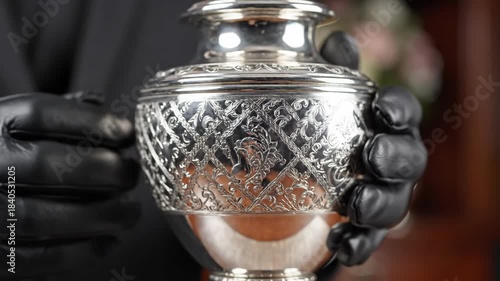 Person in black gloves carefully holds ornate silver urn with intricate patterns, symbolizing remembrance and commemoration. This poignant image is highly suitable for funeral video footage.