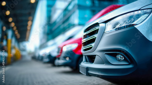A close-up view of a modern delivery van parked in a line of commercial vehicles outside a distribution facility