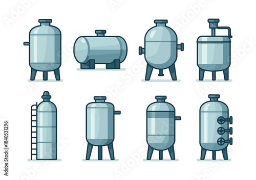 Industrial tanks, flat vector illustration, storage containers, vessels design