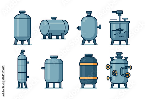 Industrial tanks collection, flat vector illustration of containers, vessels, mixing