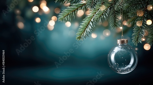Elegant glass ornament hanging with golden glitter against a soft bokeh background during the holiday season