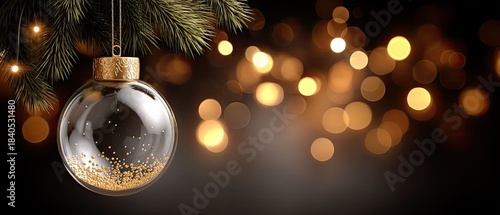 Elegant glass ornament hanging with golden glitter against a soft bokeh background during the holiday season