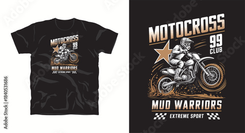 Motocross mud warriors 99 t-shirt design with dirt bike rider in action
