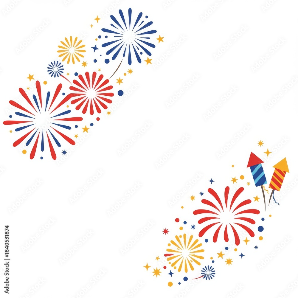 Fototapeta premium Colorful Fireworks Display on White Background