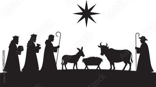 Christmas nativity scene silhouette set. Vector illustration of Biblical characters including three wise men shepherd and holy family