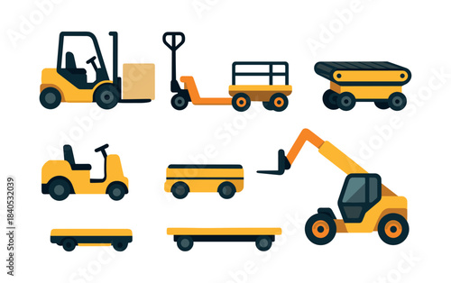 Warehouse equipment collection, forklift, pallet jack, flat vector illustration