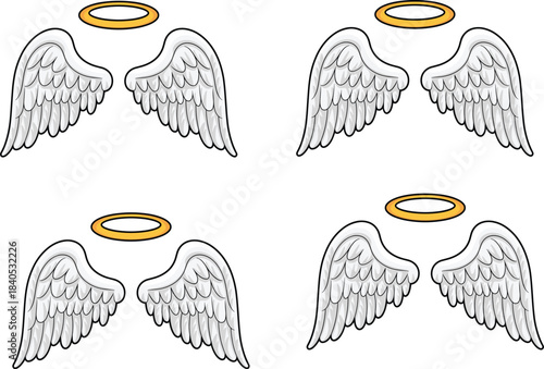 Cartoon angel wings with golden halo, white feathered wings illustration, fantasy divine symbol, celestial spiritual artwork, heavenly design element