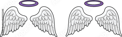 Cartoon angel wings with golden halo, white feathered wings illustration, fantasy divine symbol, celestial spiritual artwork, heavenly design element