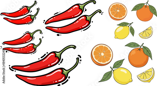 Vibrant collection of fresh red chili peppers contrasted with bright citrus fruits like oranges and lemons